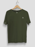 The emoaura Plain Classic Fit T-Shirt Branding (Chest & Sleeve) is available in dark olive green, crafted from a blended cotton fabric. It features a small white geometric logo on the left chest and a white logo on the left sleeve. The shirt is showcased on a wooden hanger against a light gray background.